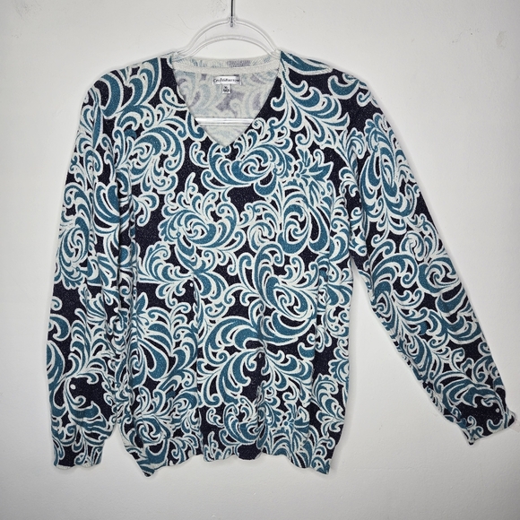 Croft & Barrow Knit Top Size XL Blue Mermaid Waves Silver Metallic Soft Comfy - Picture 4 of 16